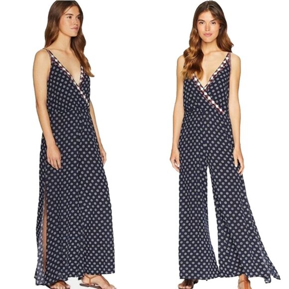 1. State Gypsy Night Embroidered Navy V-Neck High-Slit Wide-Leg Jumpsuit Size S - Picture 1 of 16